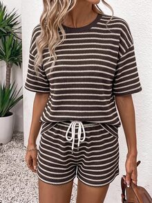 SHEIN LUNE Women's Knitted Striped Textured Fabric Versatile Summer Vacation 2 Pieces Set - Multicolor - View 3