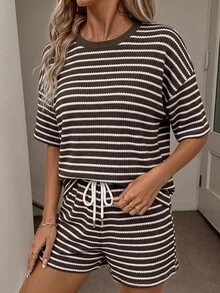 SHEIN LUNE Women's Knitted Striped Textured Fabric Versatile Summer Vacation 2 Pieces Set - Multicolor - View 4