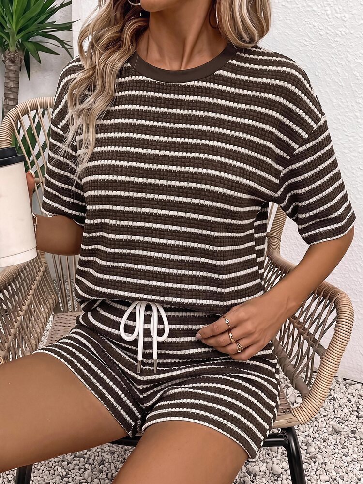 SHEIN LUNE Women's Knitted Striped Textured Fabric Versatile Summer Vacation 2 Pieces Set - Multicolor - View 5