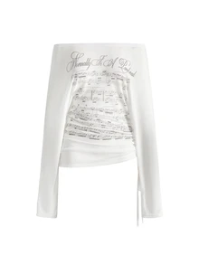 ROMWE Grunge Punk Romantic Punk Cross & Letter Print Off Shoulder Long Sleeve T-Shirt For Women - White - View 1