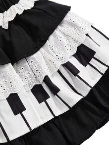 ROMWE Kawaii Spring/Summer Lolita Cute Sweet Piano Keyboard Cake Skirt For Women - Black and White - View 4