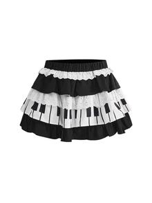 ROMWE Kawaii Spring/Summer Lolita Cute Sweet Piano Keyboard Cake Skirt For Women - Black and White - View 1