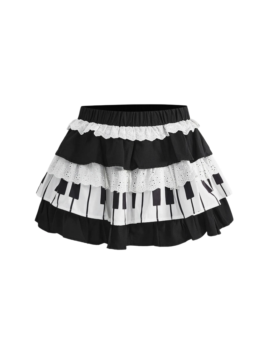 ROMWE Kawaii Spring/Summer Lolita Cute Sweet Piano Keyboard Cake Skirt For Women - Black and White - View 1