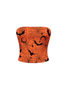 ROMWE Crop Top Seksi Motif Jaring Laba-laba dan Kelelawar Warna Oranye Gelap & Hitam Gaya Gothic Halloween untuk Wanita - Jeruk - View 1