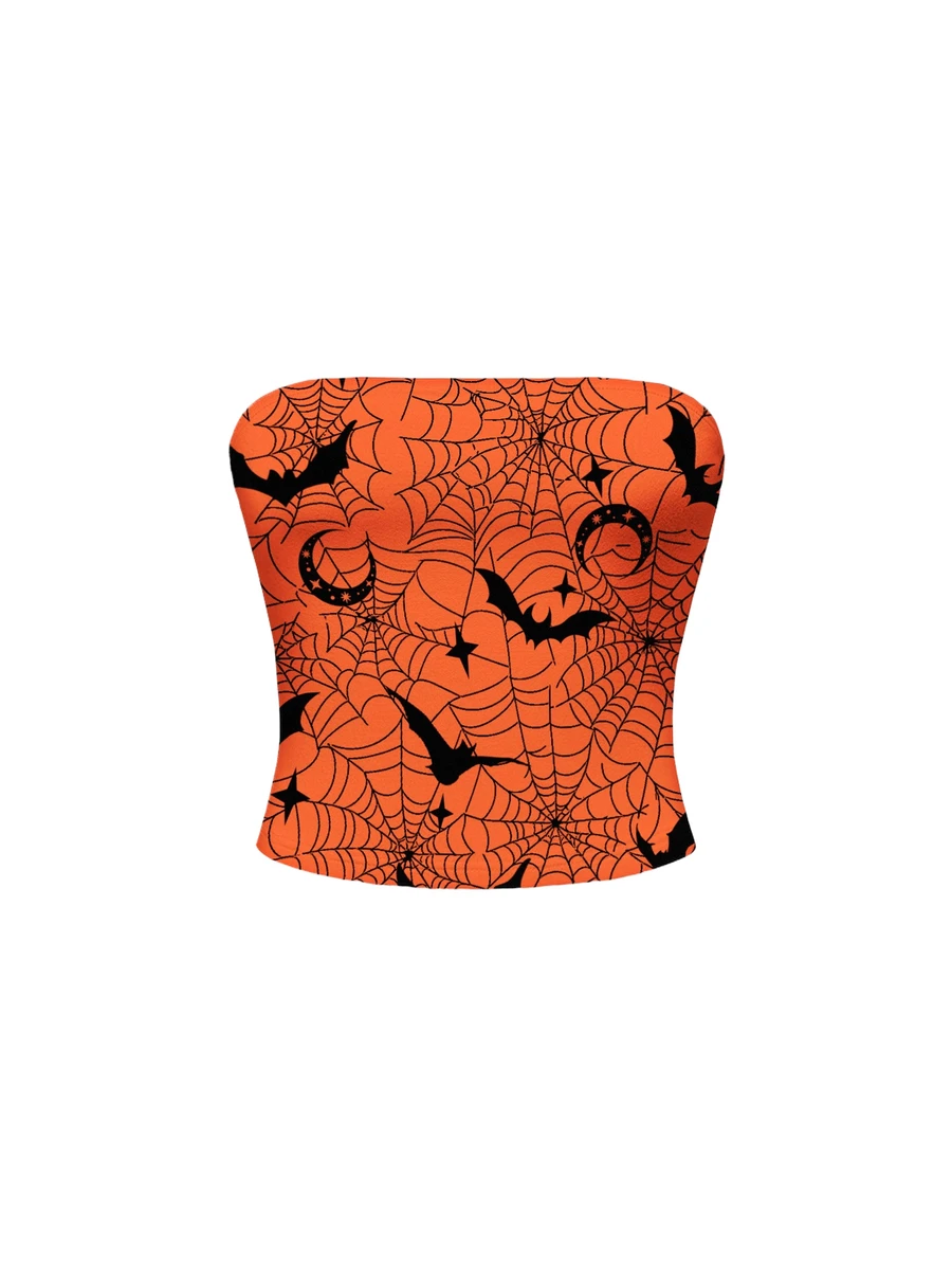 ROMWE Crop Top Seksi Motif Jaring Laba-laba dan Kelelawar Warna Oranye Gelap & Hitam Gaya Gothic Halloween untuk Wanita - Jeruk - View 1