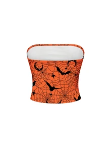 ROMWE Crop Top Seksi Motif Jaring Laba-laba dan Kelelawar Warna Oranye Gelap & Hitam Gaya Gothic Halloween untuk Wanita - Jeruk - View 2