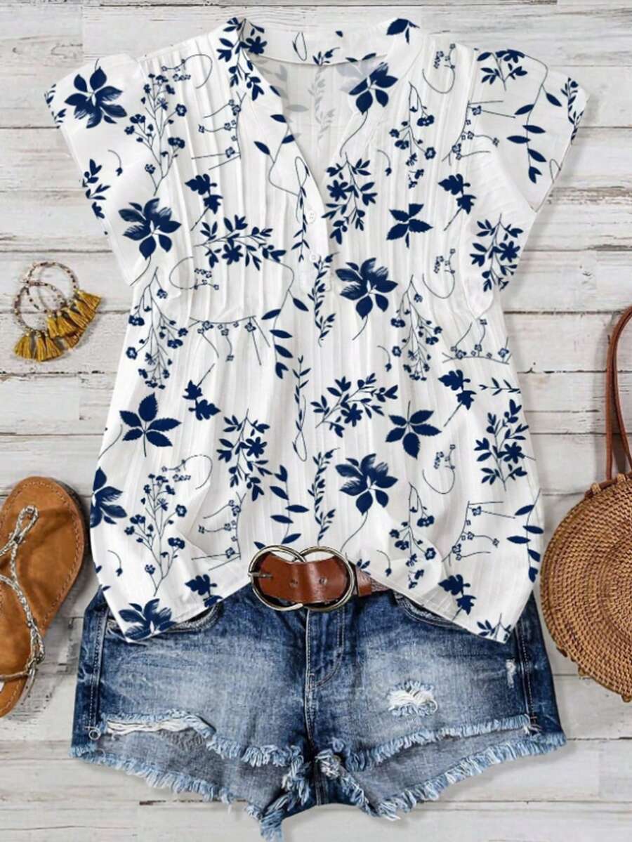 EMERY ROSE New Arrival Elegant Casual Cap Sleeve V-Neck Loose Blouse For Women - White - View 1