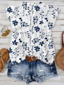 EMERY ROSE New Arrival Elegant Casual Cap Sleeve V-Neck Loose Blouse For Women - White - View 2