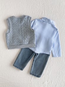 SHEIN Playful Pals 3pcs Toddler Boy Vest Shirt Jeans Preppy Grey Blue Cable Knit Horse Striped Patch Long Sleeve Collar Regular School Autumn First Birthday Cozy Retro - Grey - View 2