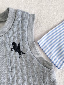 SHEIN Playful Pals 3pcs Toddler Boy Vest Shirt Jeans Preppy Grey Blue Cable Knit Horse Striped Patch Long Sleeve Collar Regular School Autumn First Birthday Cozy Retro - Grey - View 6