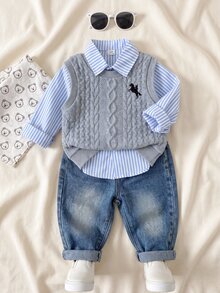 SHEIN Playful Pals 3pcs Toddler Boy Vest Shirt Jeans Preppy Grey Blue Cable Knit Horse Striped Patch Long Sleeve Collar Regular School Autumn First Birthday Cozy Retro - Grey - View 3