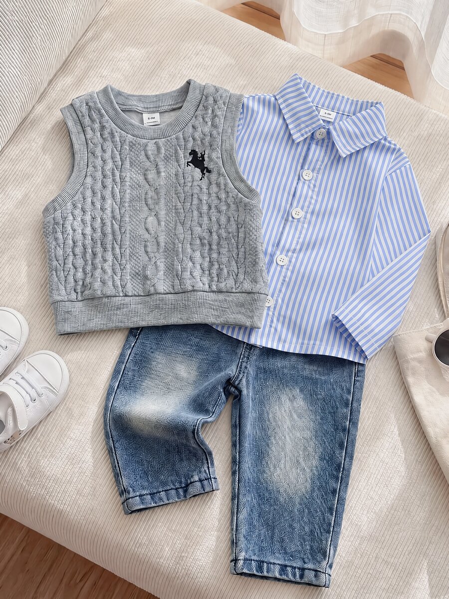 SHEIN Playful Pals 3pcs Toddler Boy Vest Shirt Jeans Preppy Grey Blue Cable Knit Horse Striped Patch Long Sleeve Collar Regular School Autumn First Birthday Cozy Retro - Grey - View 1