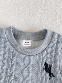 SHEIN Playful Pals 3pcs Toddler Boy Vest Shirt Jeans Preppy Grey Blue Cable Knit Horse Striped Patch Long Sleeve Collar Regular School Autumn First Birthday Cozy Retro - Grey - View 5