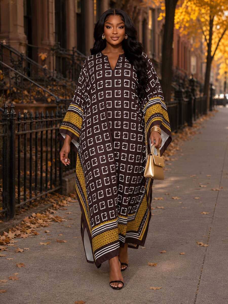 Poshavie Poshavie Jubah Wanita Ukuran Besar dengan Motif Cetak, Modis, Elegan, Serasi, Longgar, Inklusif, Cocok untuk Liburan, Musim Gugur, dan Pesta Malam - Coklat - View 1