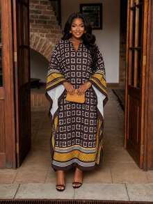Poshavie Poshavie Jubah Wanita Ukuran Besar dengan Motif Cetak, Modis, Elegan, Serasi, Longgar, Inklusif, Cocok untuk Liburan, Musim Gugur, dan Pesta Malam - Coklat - View 3