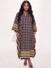 Poshavie Poshavie Jubah Wanita Ukuran Besar dengan Motif Cetak, Modis, Elegan, Serasi, Longgar, Inklusif, Cocok untuk Liburan, Musim Gugur, dan Pesta Malam - Coklat - View 4