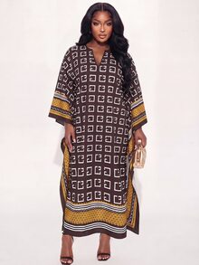 Poshavie Poshavie Jubah Wanita Ukuran Besar dengan Motif Cetak, Modis, Elegan, Serasi, Longgar, Inklusif, Cocok untuk Liburan, Musim Gugur, dan Pesta Malam - Coklat - View 5