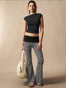 VARSIVA Women's Casual Striped Flared Pants With Waist Fold Over Leggings - Multicolor - View 2
