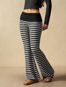 VARSIVA Women's Casual Striped Flared Pants With Waist Fold Over Leggings - Multicolor - View 4