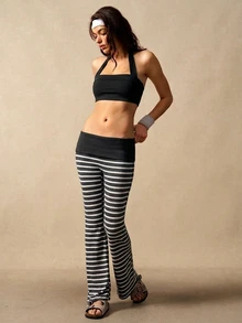VARSIVA Women's Casual Striped Flared Pants With Waist Fold Over Leggings - Multicolor - View 8