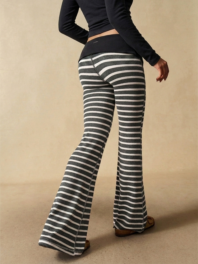 VARSIVA Quần legging nữ dáng loe kẻ sọc phong cách thường ngày, cạp gập eo - Nhiều màu - Xem 6