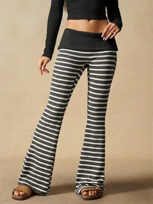 VARSIVA Women's Casual Striped Flared Pants With Waist Fold Over Leggings - Multicolor - View 5