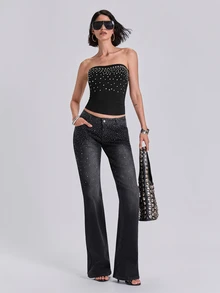 ROMWE Four Seasons Millennium Rock Y2K Gradient Arranged Square Rivet Tube Top - Black - View 3
