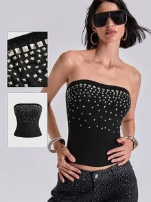 ROMWE Four Seasons Millennium Rock Y2K Gradient Arranged Square Rivet Tube Top - Black - View 9