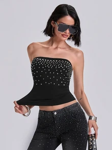 ROMWE Four Seasons Millennium Rock Y2K Gradient Arranged Square Rivet Tube Top - Black - View 6