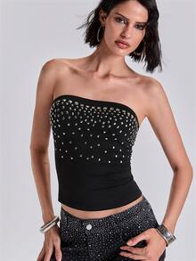 ROMWE Four Seasons Millennium Rock Y2K Gradient Arranged Square Rivet Tube Top - Black - View 8