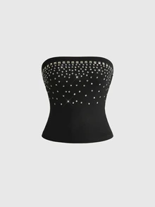 ROMWE Four Seasons Millennium Rock Y2K Gradient Arranged Square Rivet Tube Top - Black - View 4