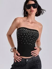 ROMWE Four Seasons Millennium Rock Y2K Gradient Arranged Square Rivet Tube Top - Black - View 1