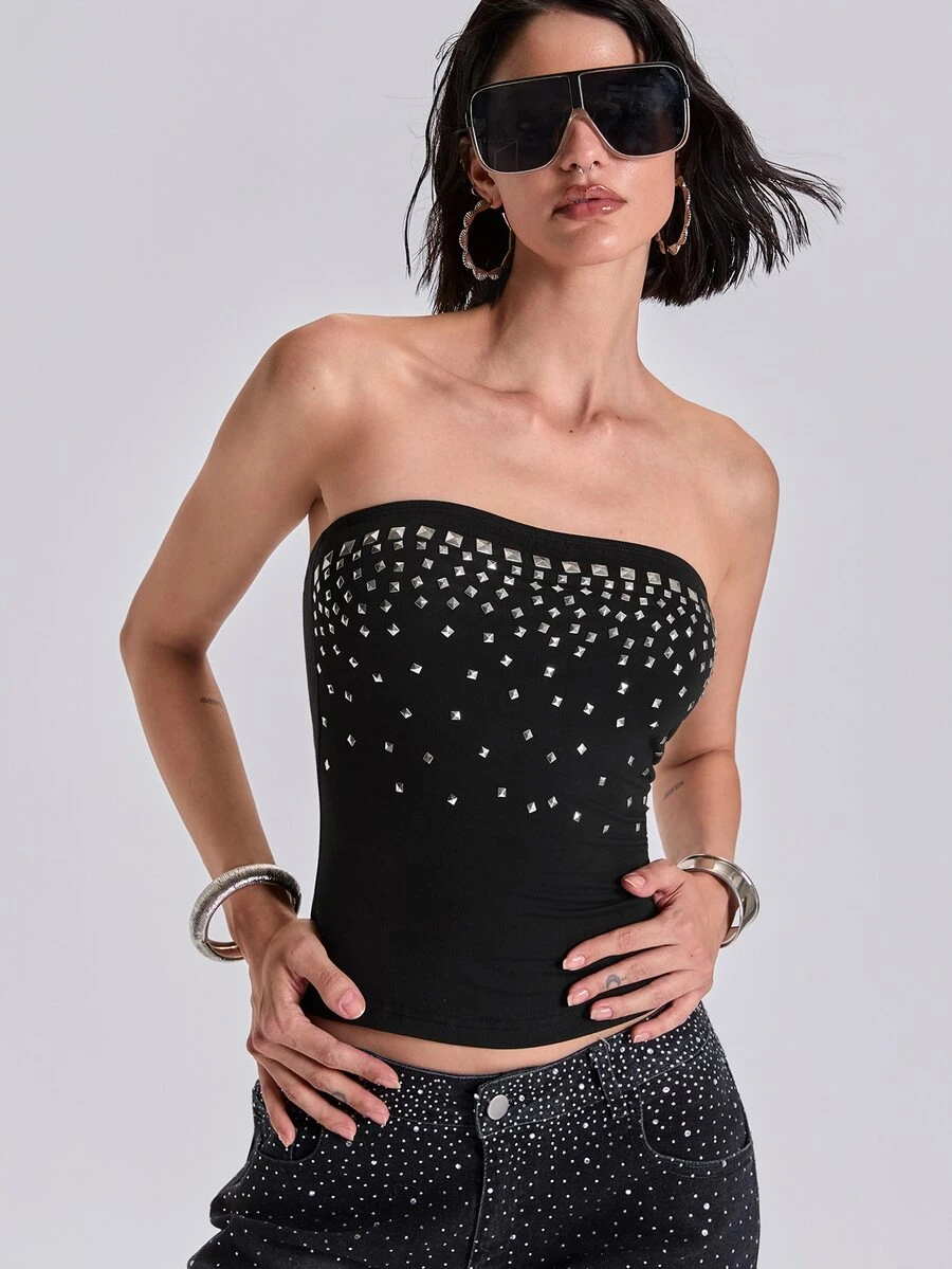 ROMWE Four Seasons Millennium Rock Y2K Gradient Arranged Square Rivet Tube Top - Black - View 1