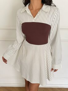 Aloruh Women's Elegant Black And White Striped Patchwork Waist Mini Dress,Autumn Casual Commuter Brunch Outfit,Back To School Homecoming School - Apricot - View 4