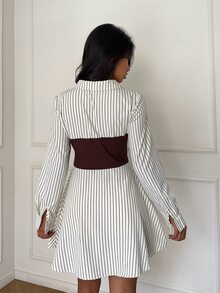 Aloruh Women's Elegant Black And White Striped Patchwork Waist Mini Dress,Autumn Casual Commuter Brunch Outfit,Back To School Homecoming School - Apricot - View 2