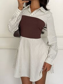 Aloruh Women's Elegant Black And White Striped Patchwork Waist Mini Dress,Autumn Casual Commuter Brunch Outfit,Back To School Homecoming School - Apricot - View 3