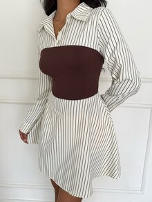 Aloruh Women's Elegant Black And White Striped Patchwork Waist Mini Dress,Autumn Casual Commuter Brunch Outfit,Back To School Homecoming School - Apricot - View 6