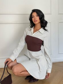 Aloruh Women's Elegant Black And White Striped Patchwork Waist Mini Dress,Autumn Casual Commuter Brunch Outfit,Back To School Homecoming School - Apricot - View 5