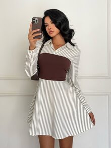 Aloruh Women's Elegant Black And White Striped Patchwork Waist Mini Dress,Autumn Casual Commuter Brunch Outfit,Back To School Homecoming School - Apricot - View 1