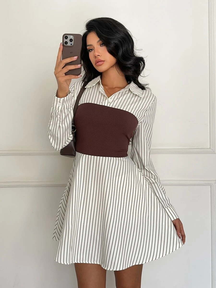 Aloruh Women's Elegant Black And White Striped Patchwork Waist Mini Dress,Autumn Casual Commuter Brunch Outfit,Back To School Homecoming School - Apricot - View 1