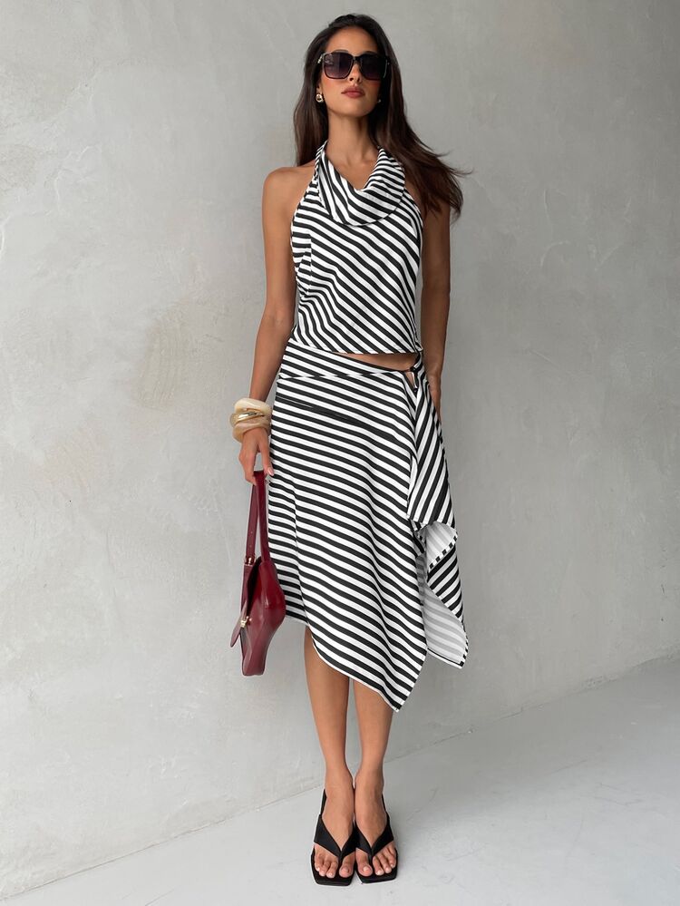 Aloruh Women's Vacation Draped Neck Backless Asymmetric Zebra Striped Black & White Tank Top And Asymmetric Striped Flowy Skirt 2-Piece Set - Black and White - View 3