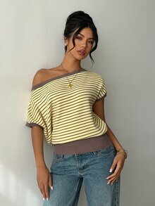 Aloruh 女士休闲日常黄色撞色条纹短袖毛衣，春夏款 - 彩色 - 查看 1