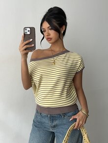 Aloruh 女士休闲日常黄色撞色条纹短袖毛衣，春夏款 - 彩色 - 查看 5