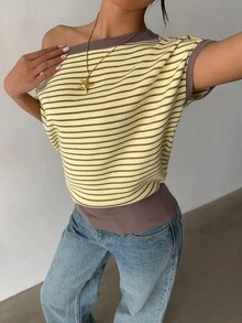 Aloruh 女士休闲日常黄色撞色条纹短袖毛衣，春夏款 - 彩色 - 查看 6