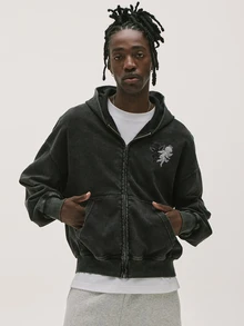 Baseblock Hoodie Kasual Pria dengan Desain Washed - Hitam - View 6