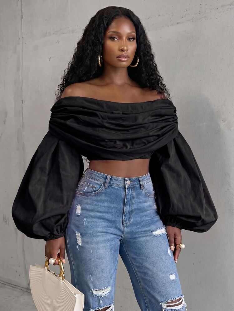 BamGlimmer Women's Sexy Elegant Street Style Off-Shoulder Ruched Cropped Top Night Black Autumn - Black - View 6