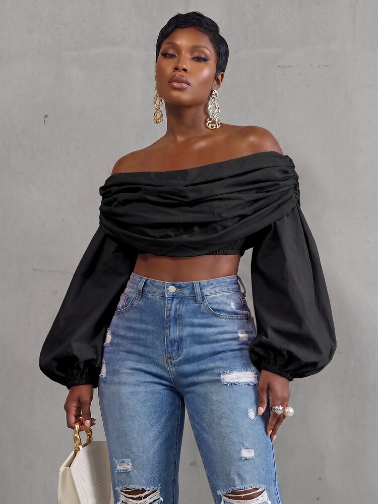 BamGlimmer Women's Sexy Elegant Street Style Off-Shoulder Ruched Cropped Top Night Black Autumn - Black - View 1