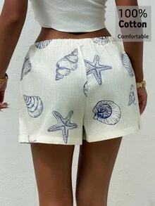 Aloruh Women's Blue & White Shell Print Shorts, Beige, Summer, Casual, Beach, Holiday Vacation , Boho Tropical, Comfortable Drawstring - Blue - View 2