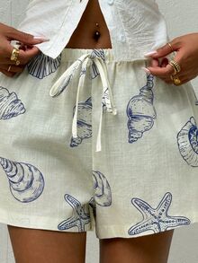 Aloruh Women's Blue & White Shell Print Shorts, Beige, Summer, Casual, Beach, Holiday Vacation , Boho Tropical, Comfortable Drawstring - Blue - View 3