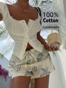 Aloruh Women's Blue & White Shell Print Shorts, Beige, Summer, Casual, Beach, Holiday Vacation , Boho Tropical, Comfortable Drawstring - Blue - View 1
